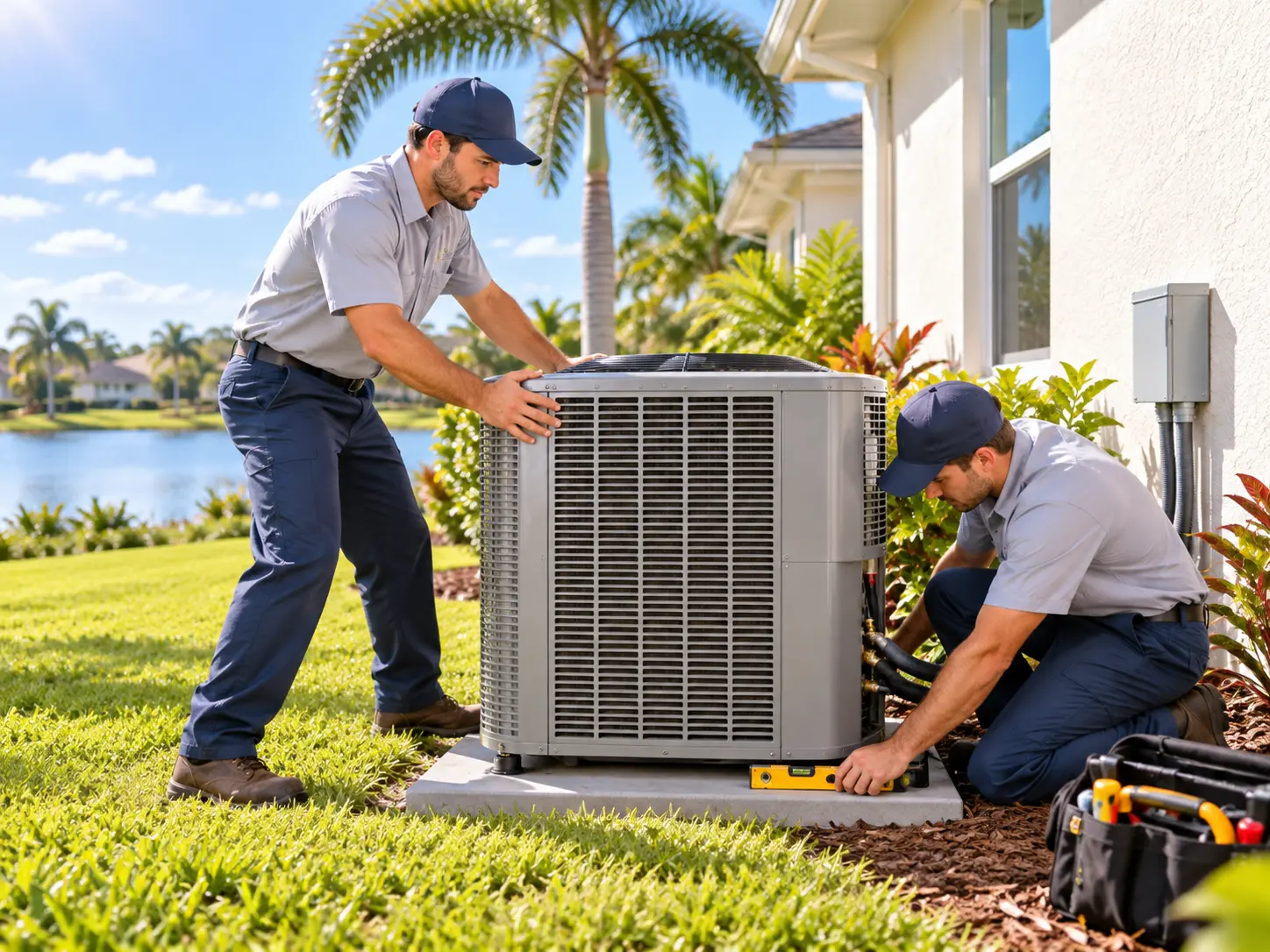 Two HVAC technicians leveling and connecting an outdoor condensing unit at a Florida home