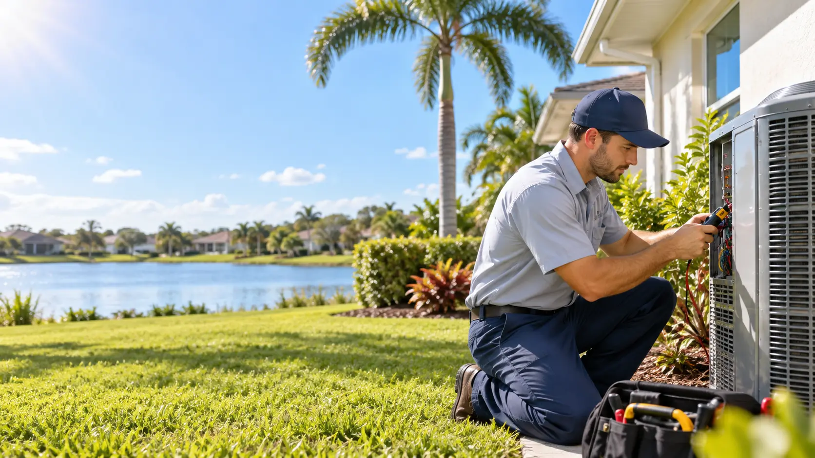 HVAC technician testing electrical components on an outdoor air conditioner at a Lakeland, Florida home